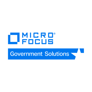 Micro Focus Logo - Bright blue sans-serif type with icon to left and blue banner below with white type