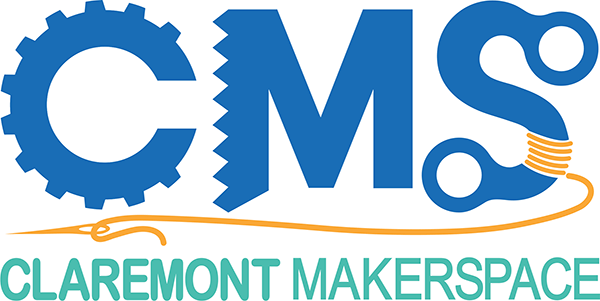 Claremont MakerSpace Logo - Blue stylized type over turquoise sans-serif type