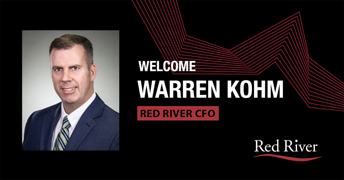 Graph showing photo of Warren Kohm with red and white sans-serif type over black background with red angled lines