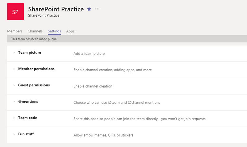 Screen shot of Microsoft Teams settings