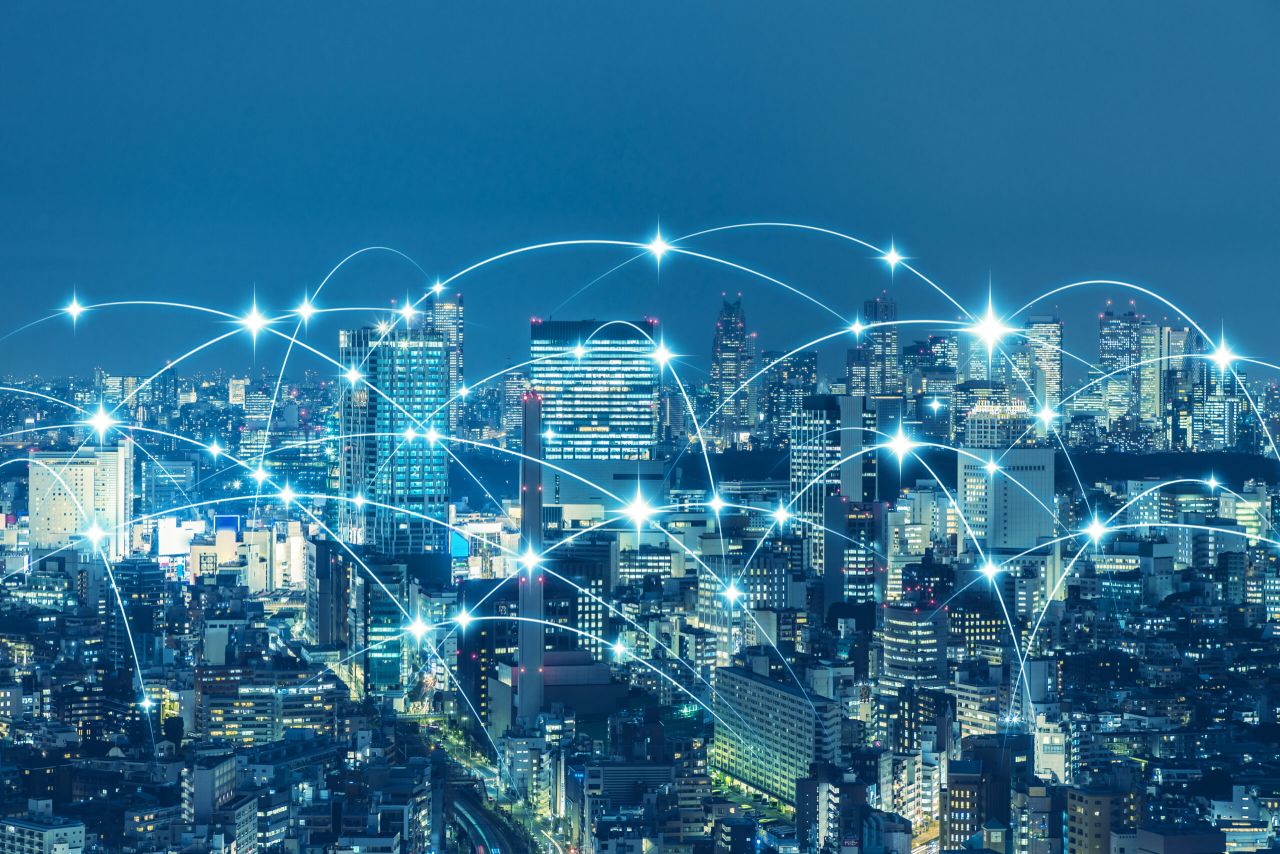 iStock-952063608-scaled-min Communication network of urban city. Smart city. Internet of Things. IoT.